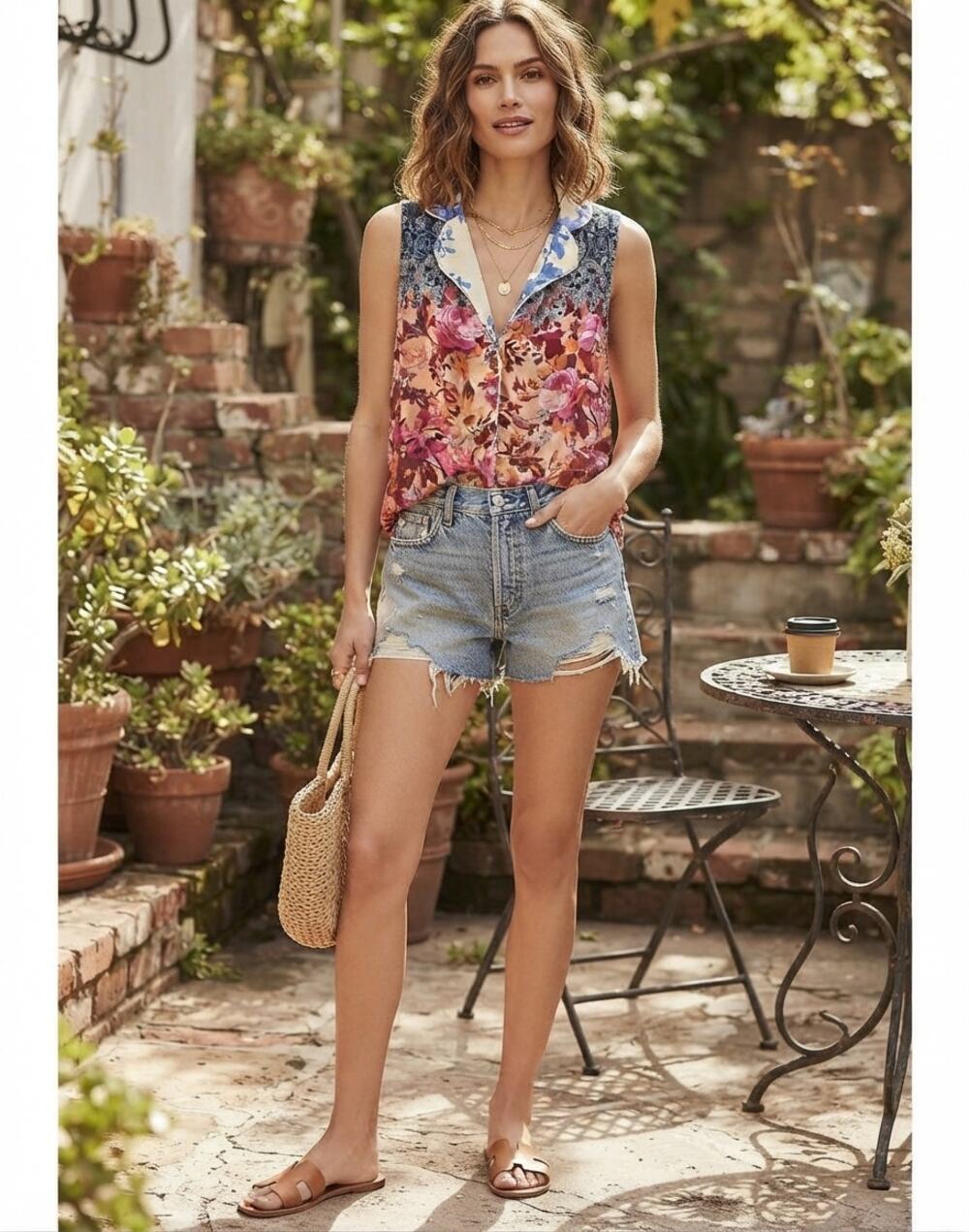 By Anthropologie Mixed Print Floral Sleeveless Button Down Blouse XS